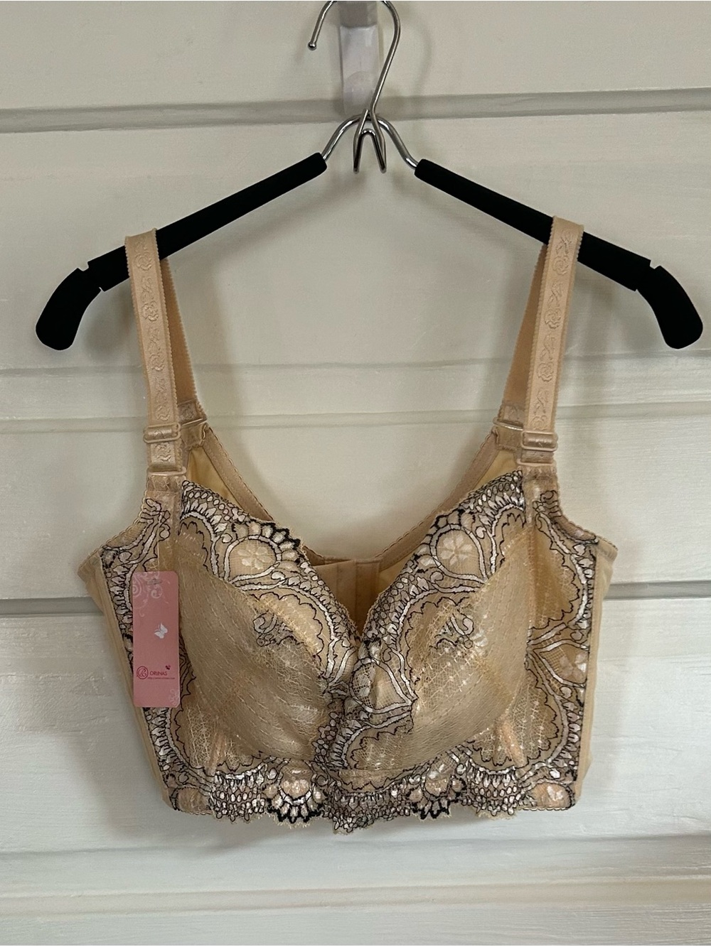 Orlinas Beige Lace Superlift Support Bra with Floral Embroidery